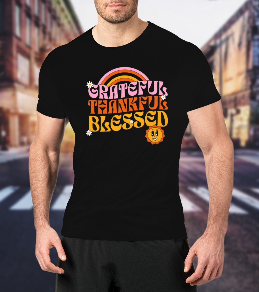 Grateful Thankful Blessed Retro Rainbow Sunflower Smiley Face T-Shirt