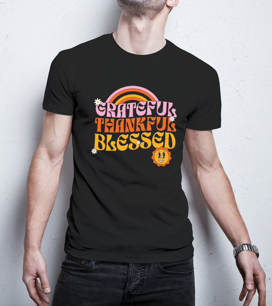 Grateful Thankful Blessed Retro Rainbow Sunflower Smiley Face T-Shirt