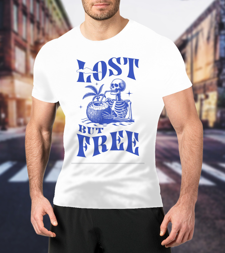 Lost But Free Skeleton With Coconut Drink Beach Vintage T-Shirt
