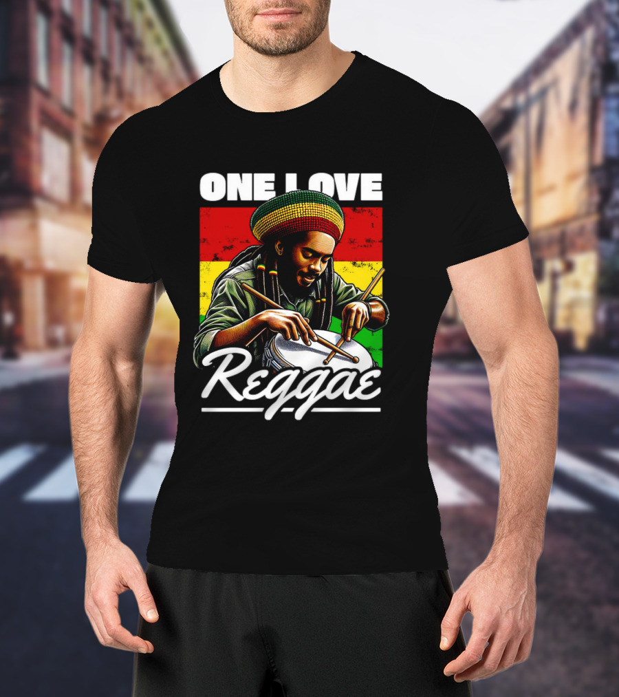 One Love Reggae Drummer With Rasta Colors T-Shirt