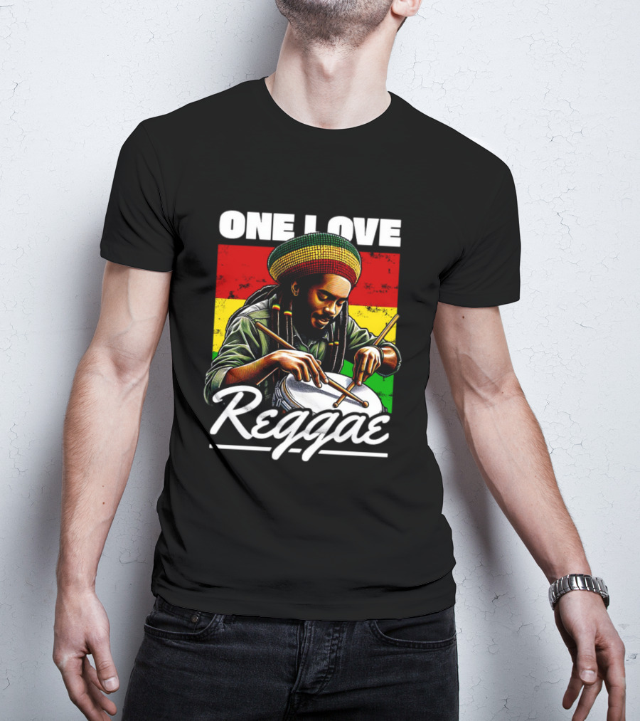 One Love Reggae Drummer With Rasta Colors T-Shirt