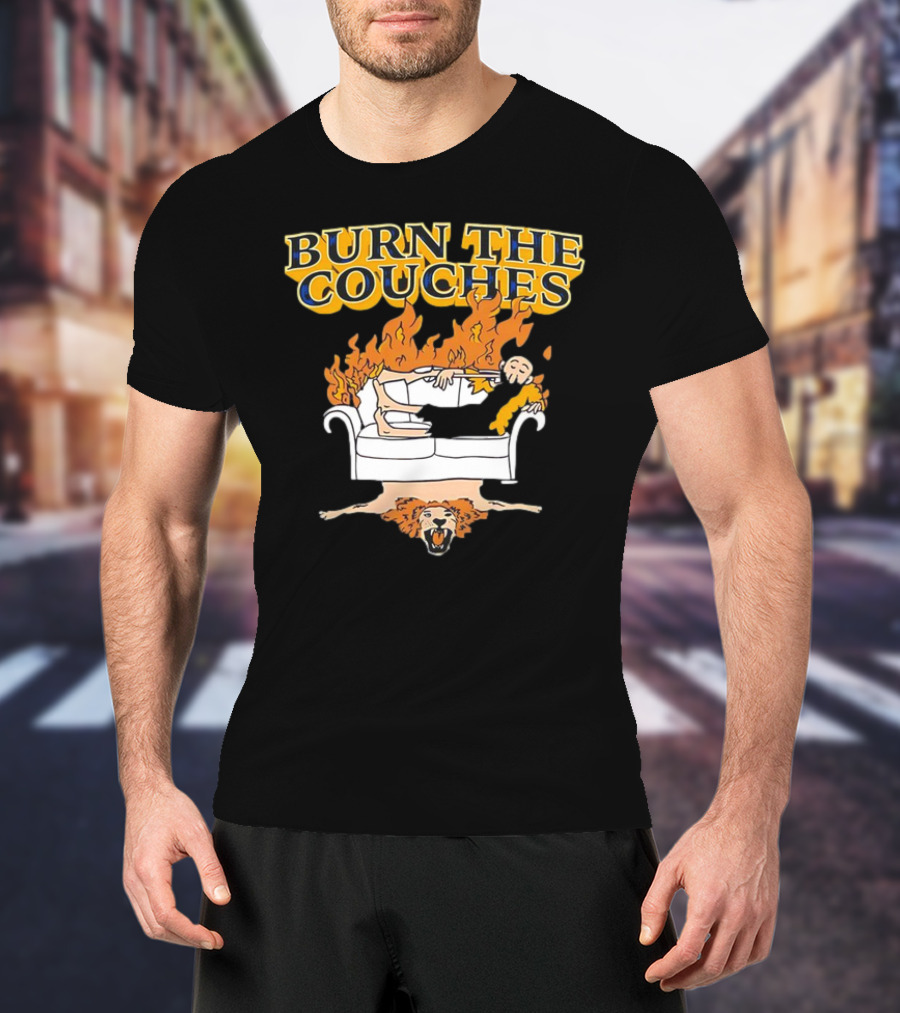 Burn The Couches Flaming Couch Cartoon Lion Rug T-Shirt