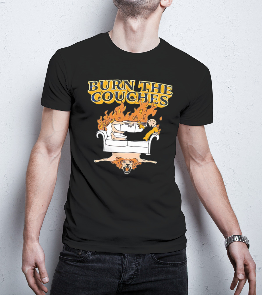 Burn The Couches Flaming Couch Cartoon Lion Rug T-Shirt