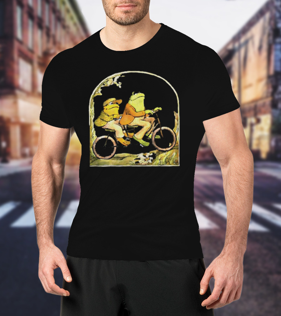 Frog And Toad Riding Tandem Bicycle In Nature Scene T-Shirt