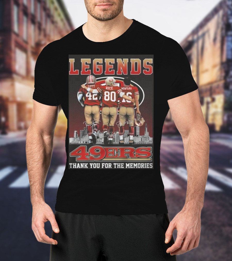 49ers Legends Montana Rice Lott Thank You For The Memories Skyline Signatures T-Shirt