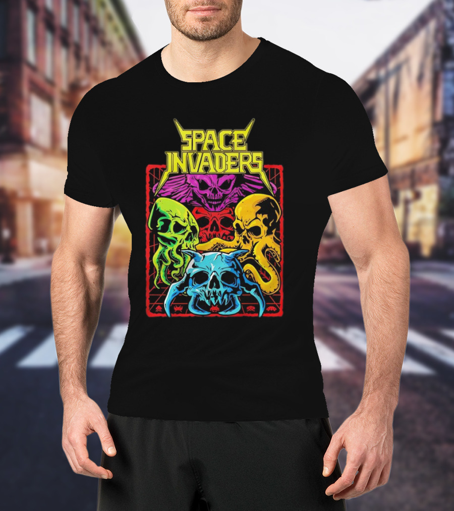 Space Invaders Neon Skull Cthulhu Quartet T-Shirt