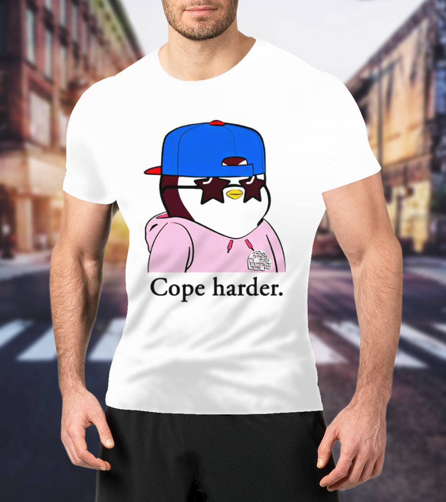 Pudgy Penguin Cope Harder Star Shades Blue Cap Pink T-Shirt