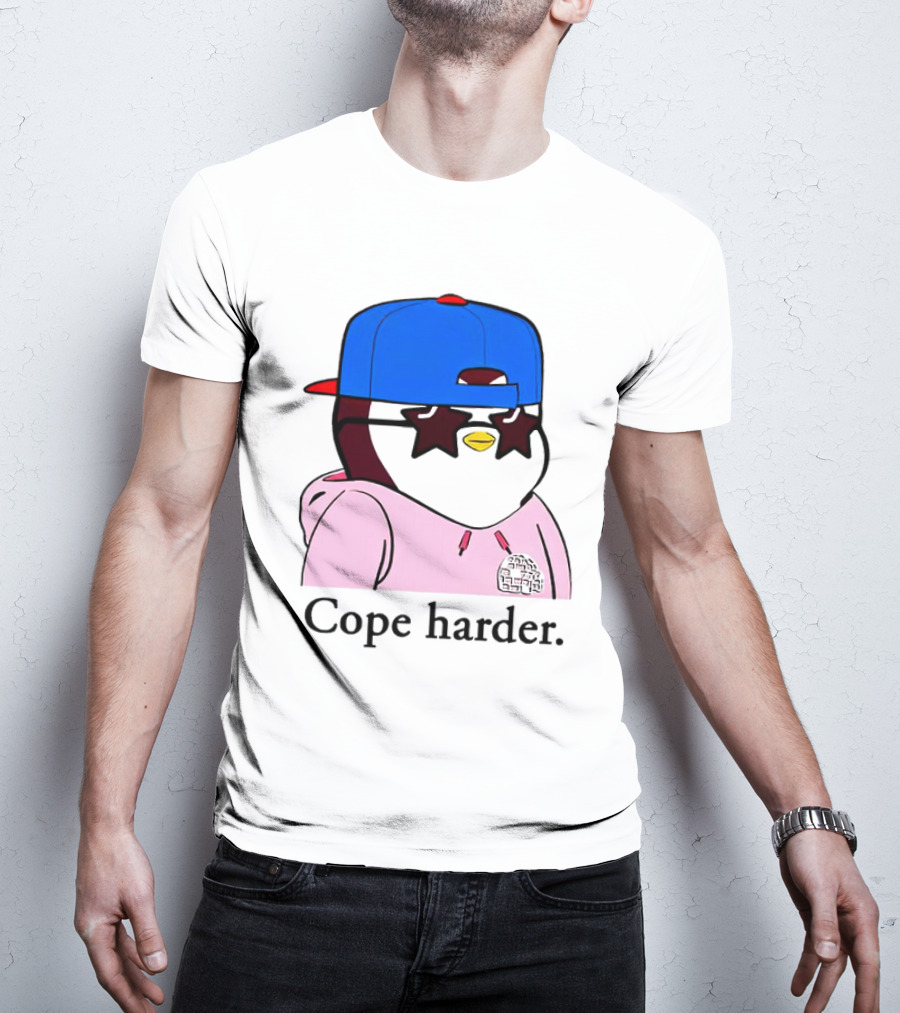 Pudgy Penguin Cope Harder Star Shades Blue Cap Pink T-Shirt