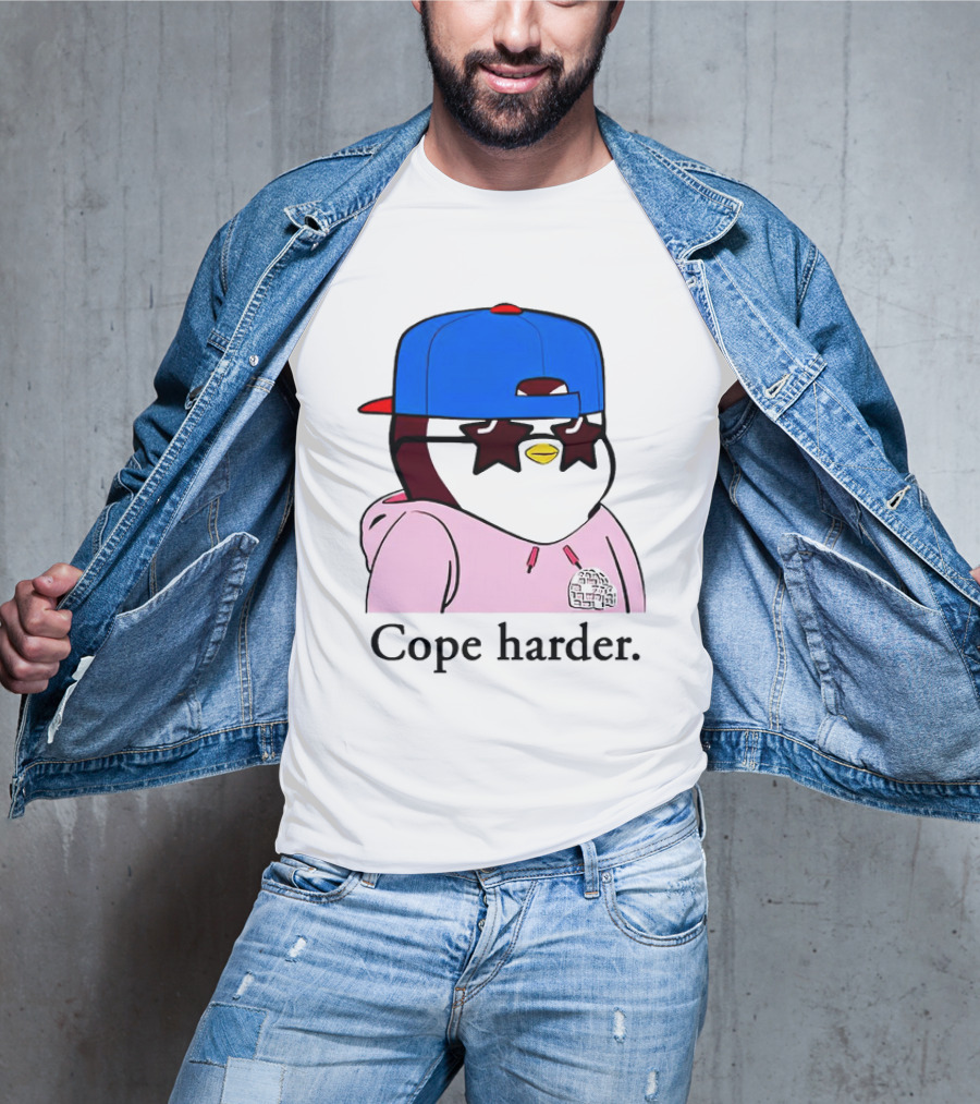 Pudgy Penguin Cope Harder Star Shades Blue Cap Pink T-Shirt
