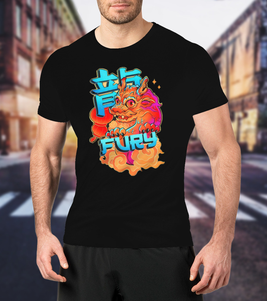 Dragon Fury Vibrant Mythical Creature With Neon Chinese Characters T-Shirt
