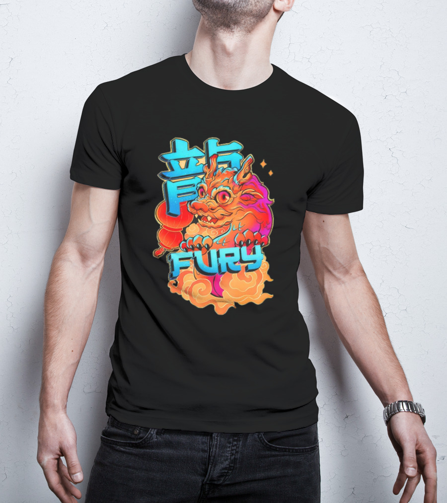 Dragon Fury Vibrant Mythical Creature With Neon Chinese Characters T-Shirt
