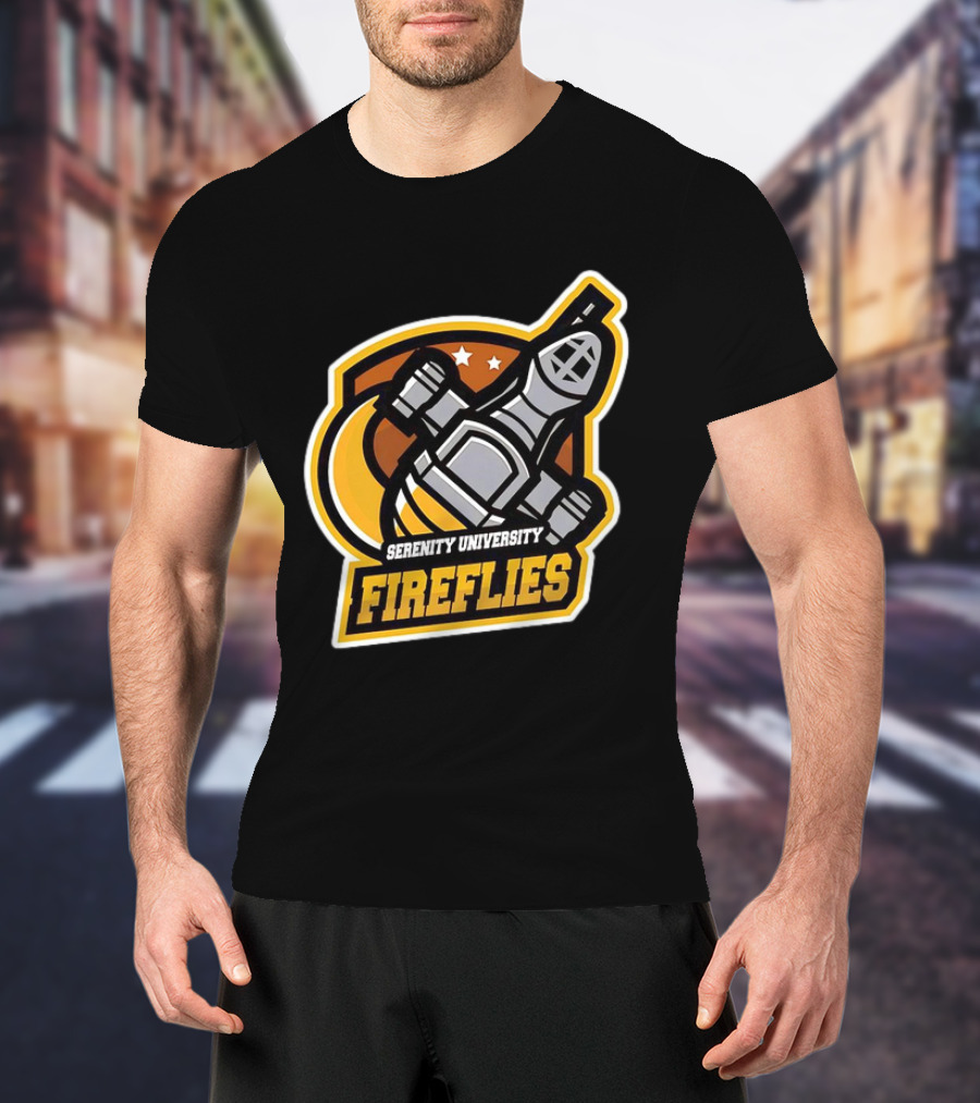 Serenity University Fireflies Spaceship Logo With Stars And Moon T-Shirt