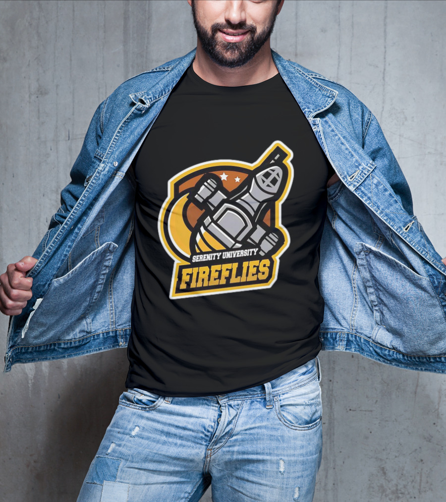 Serenity University Fireflies Spaceship Logo With Stars And Moon T-Shirt