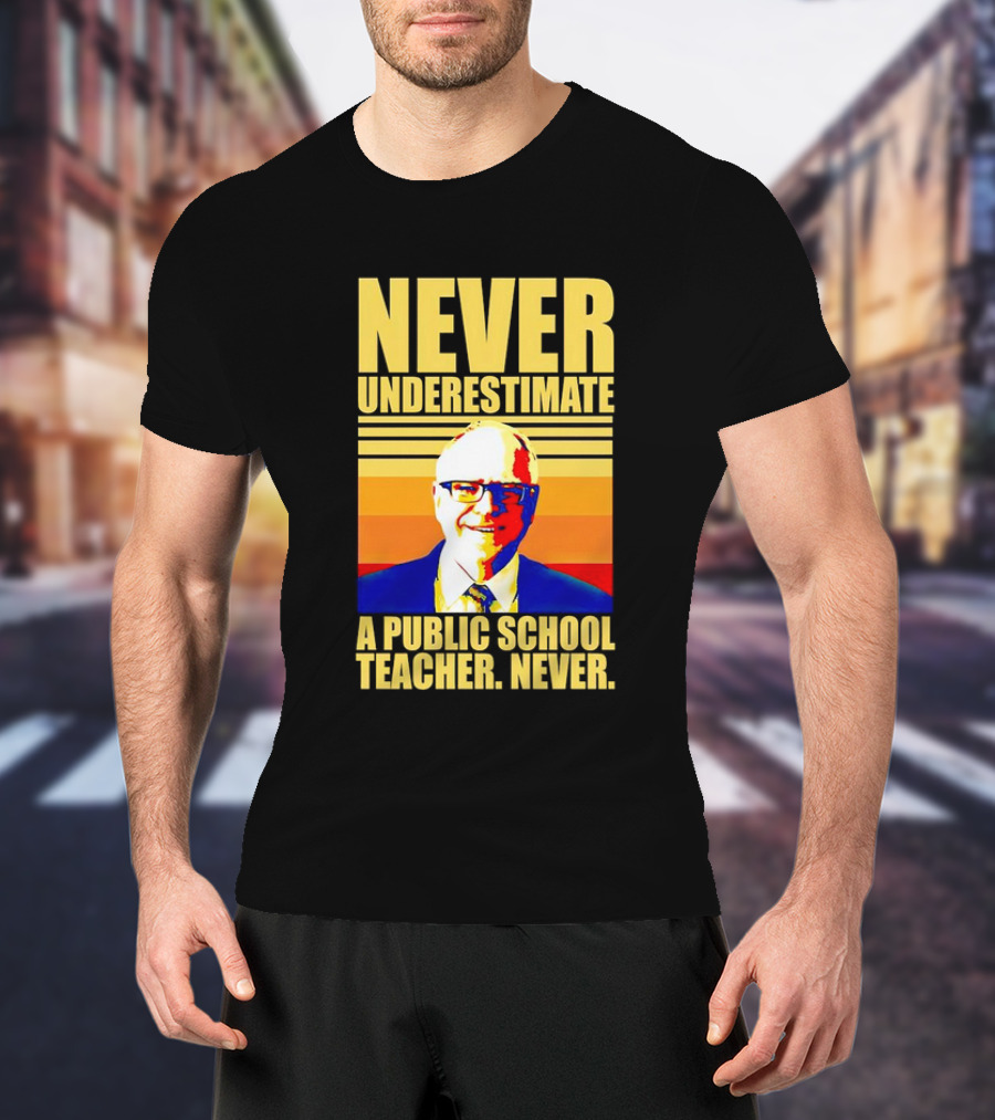 Never Underestimate A Public School Teacher Never Tim Walz Vintage Retro Stripes T-Shirt