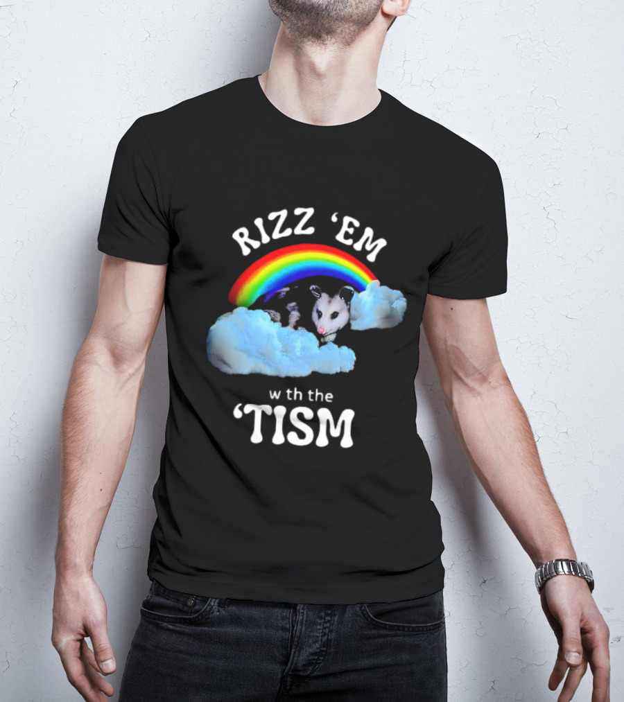 Rizz 'Em With The Tism Opossum Rainbow Clouds T-Shirt