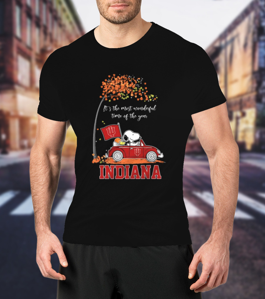 Indiana Hoosiers Snoopy And Woodstock Driving Car Fall It’s The Most Wonderful Time Of The Year T-Shirt