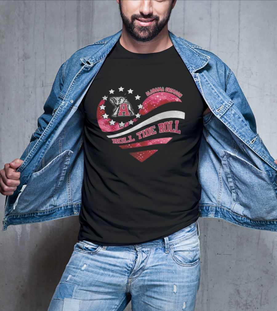 Alabama Crimson Roll Tide Roll Heart With Elephant And Stars T-Shirt