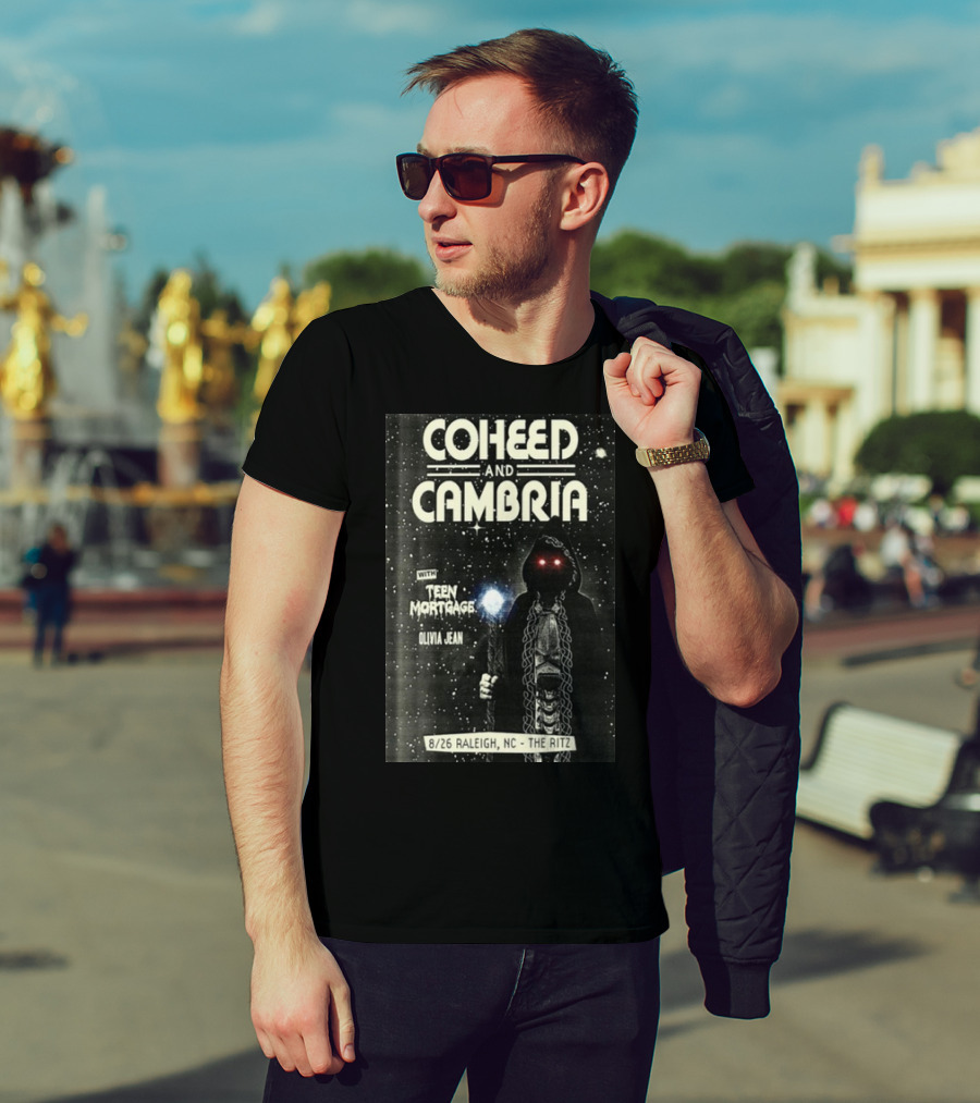 Coheed And Cambria 8/26 Raleigh NC The Ritz With Teen Mortgage Olivia Jean Mysterious Hooded Figure With Cosmic Background T-Shirt