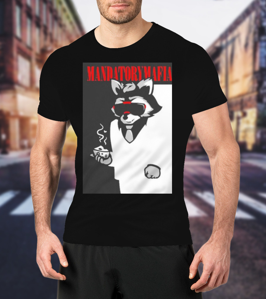 MANDATORY MAFIA RACCOON WITH COFFEE IN SUIT AND SUNGLASSES T-Shirt
