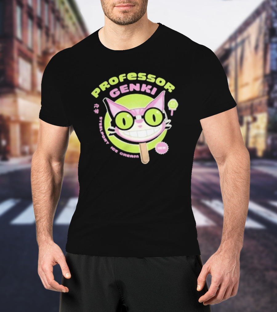 Professor Genki Steelport Ice Cream Cat Neon Green Pink Fun T-Shirt