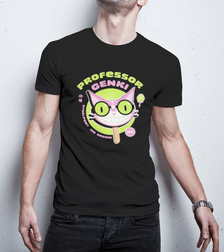 Professor Genki Steelport Ice Cream Cat Neon Green Pink Fun T-Shirt