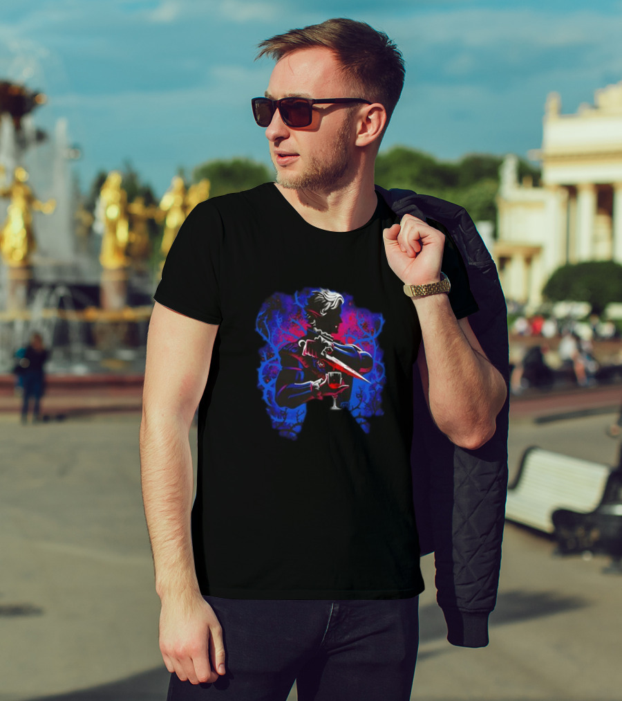 High Elf Vampire Dark Fantasy Silhouette With Dagger And Wine Glass T-Shirt
