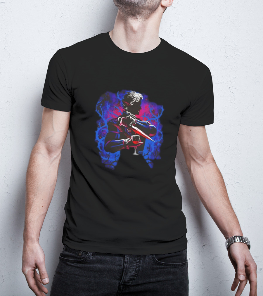 High Elf Vampire Dark Fantasy Silhouette With Dagger And Wine Glass T-Shirt