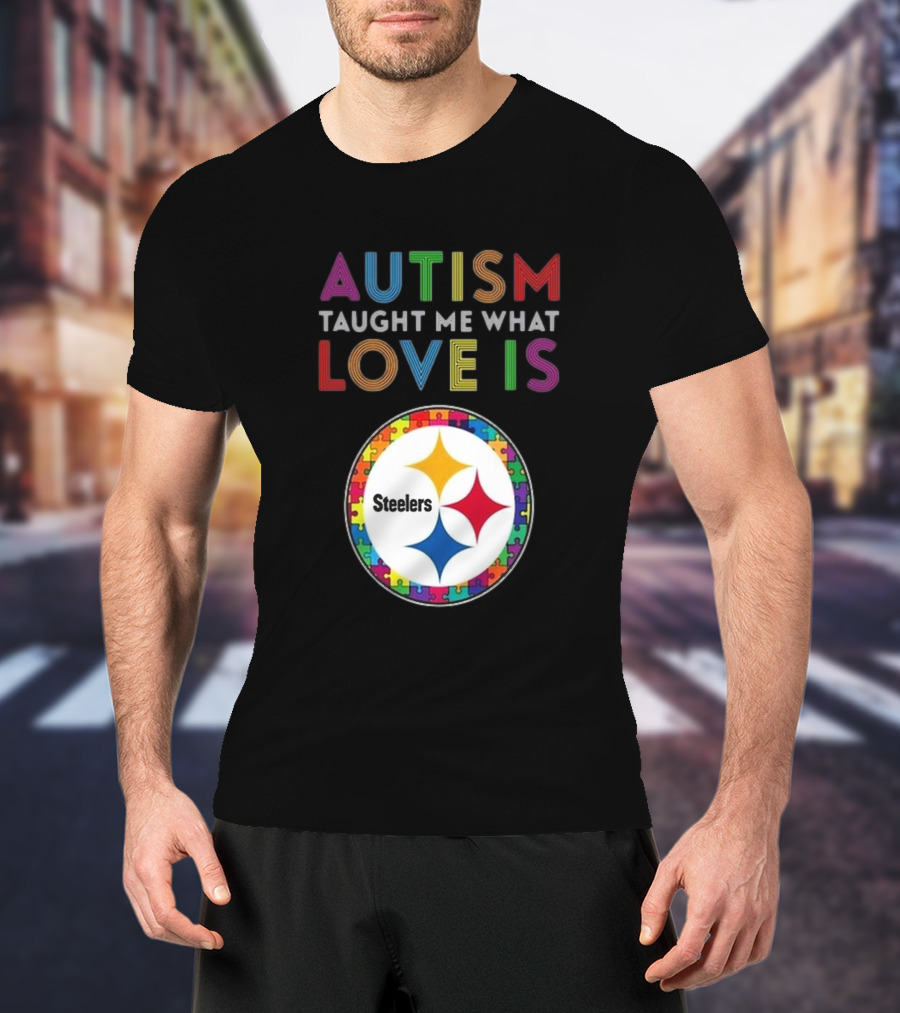 Autism Taught Me What Love Is Pittsburgh Steelers Puzzle T-Shirt