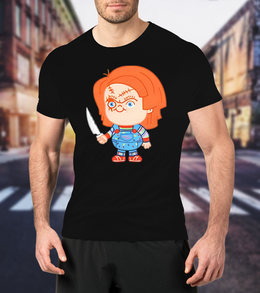 Chucky Evil Doll With Knife In Striped Lovely Overalls T-Shirt