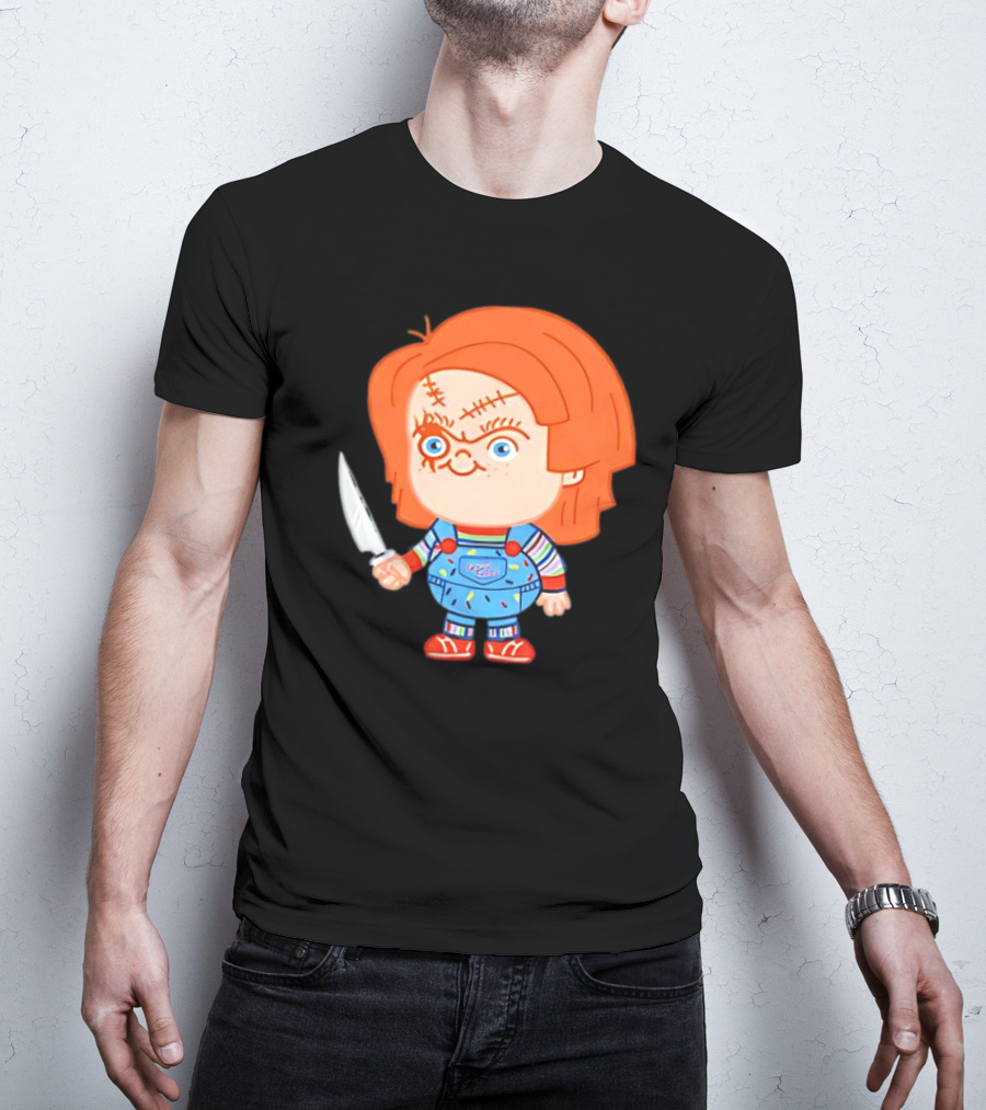 Chucky Evil Doll With Knife In Striped Lovely Overalls T-Shirt