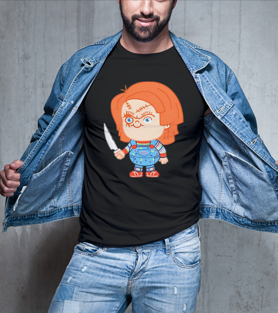 Chucky Evil Doll With Knife In Striped Lovely Overalls T-Shirt