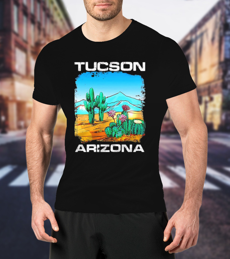 Tucson Arizona Retro Desert Scene With Cactus And Mountains T-Shirt