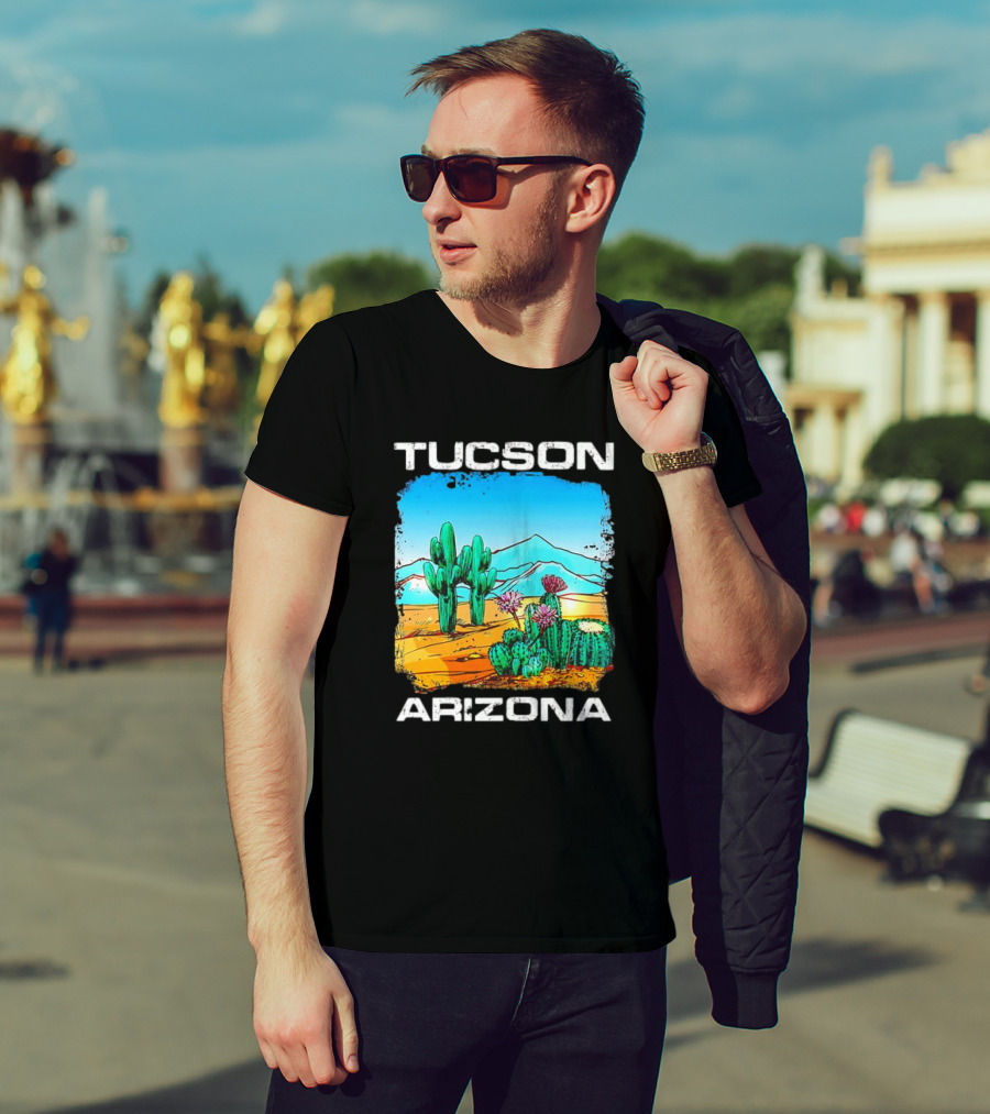 Tucson Arizona Retro Desert Scene With Cactus And Mountains T-Shirt