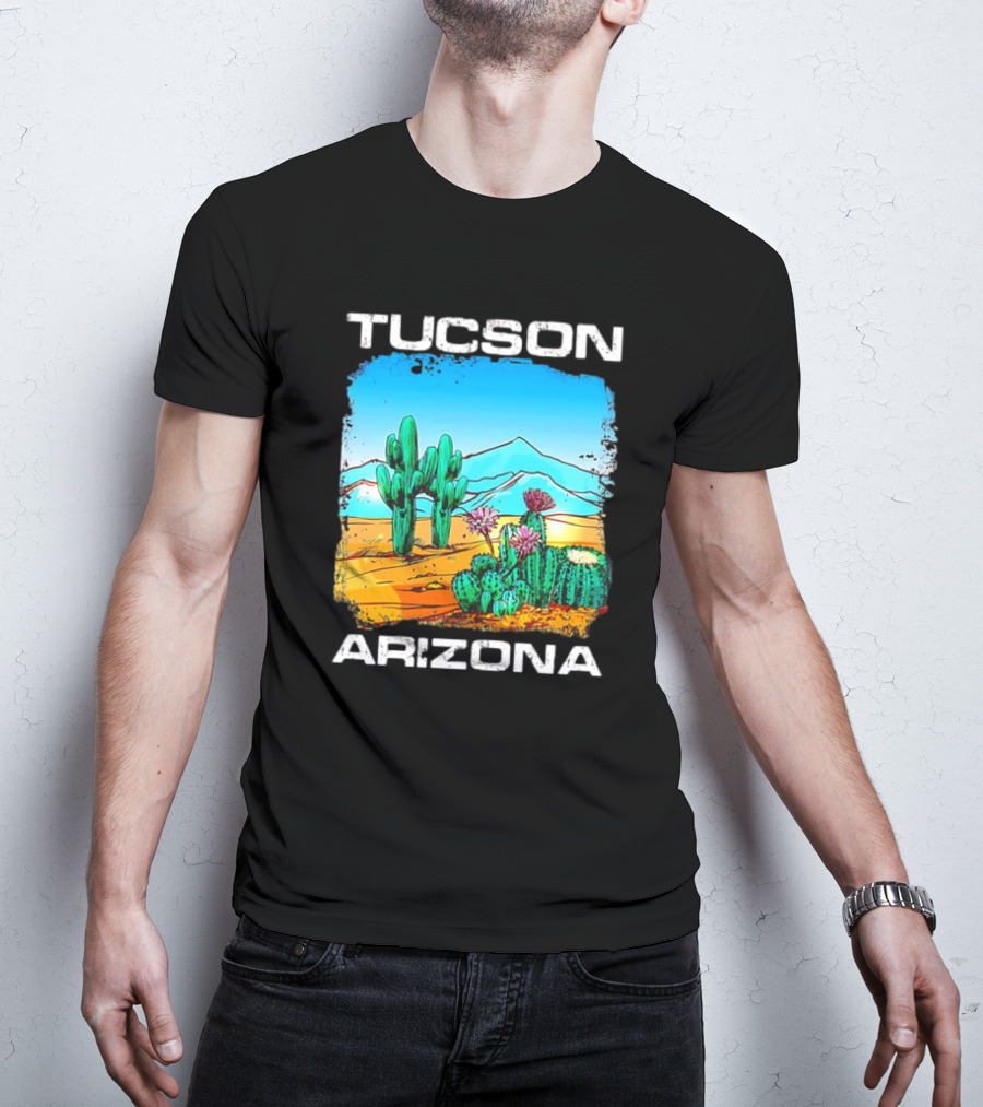 Tucson Arizona Retro Desert Scene With Cactus And Mountains T-Shirt