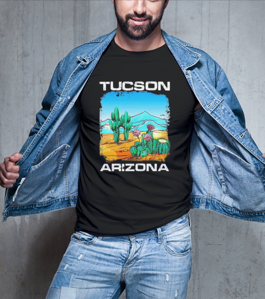 Tucson Arizona Retro Desert Scene With Cactus And Mountains T-Shirt