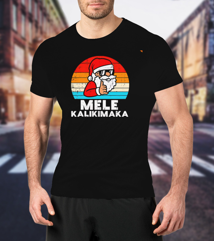 Santa Mele Kalikimaka Christmas Vintage Retro Sunset Thumbs Up T-Shirt