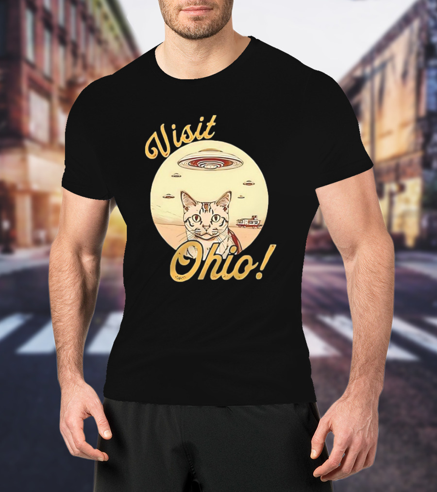 Visit Ohio Cat UFO Alien Spaceship Adventure T-Shirt