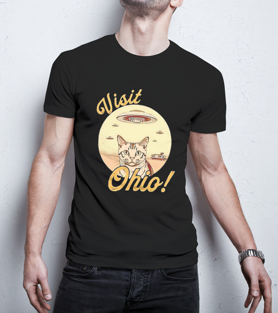 Visit Ohio Cat UFO Alien Spaceship Adventure T-Shirt