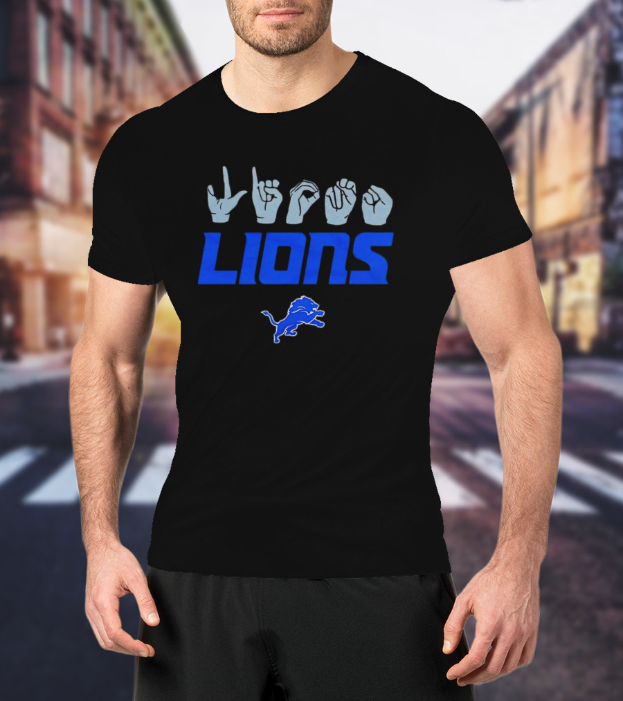 Love Sign With Detroit Lions ASL Logo And Blue Lion Emblem T-Shirt