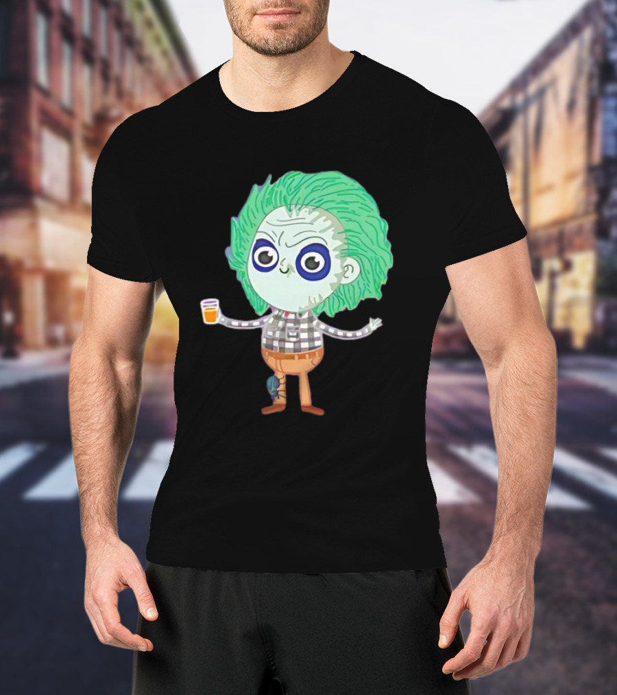 Beetlejuice Ghost Exorcist Cartoon Character With Drink T-Shirt