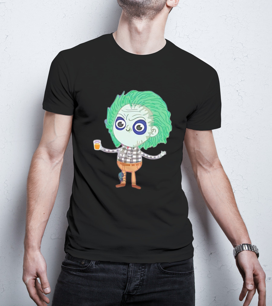 Beetlejuice Ghost Exorcist Cartoon Character With Drink T-Shirt