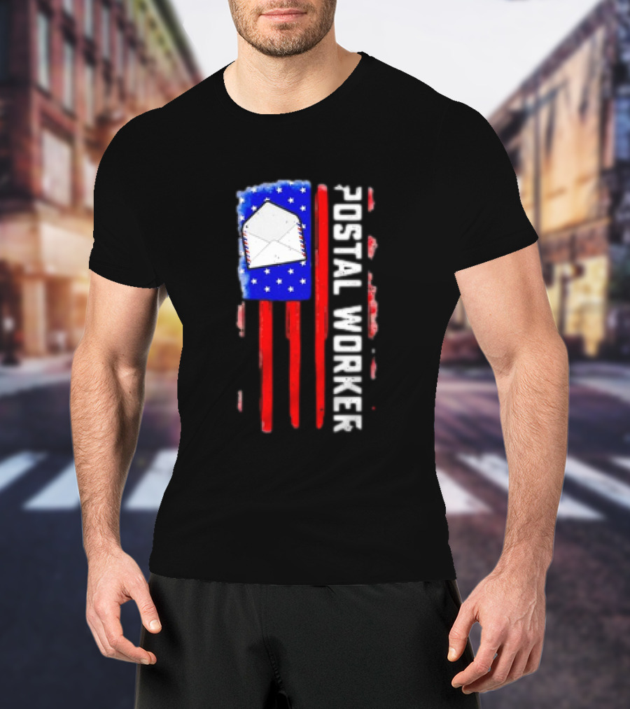 Postal Worker American Flag Envelope Stars Stripes Patriotic Postman Rural Carrier T-Shirt