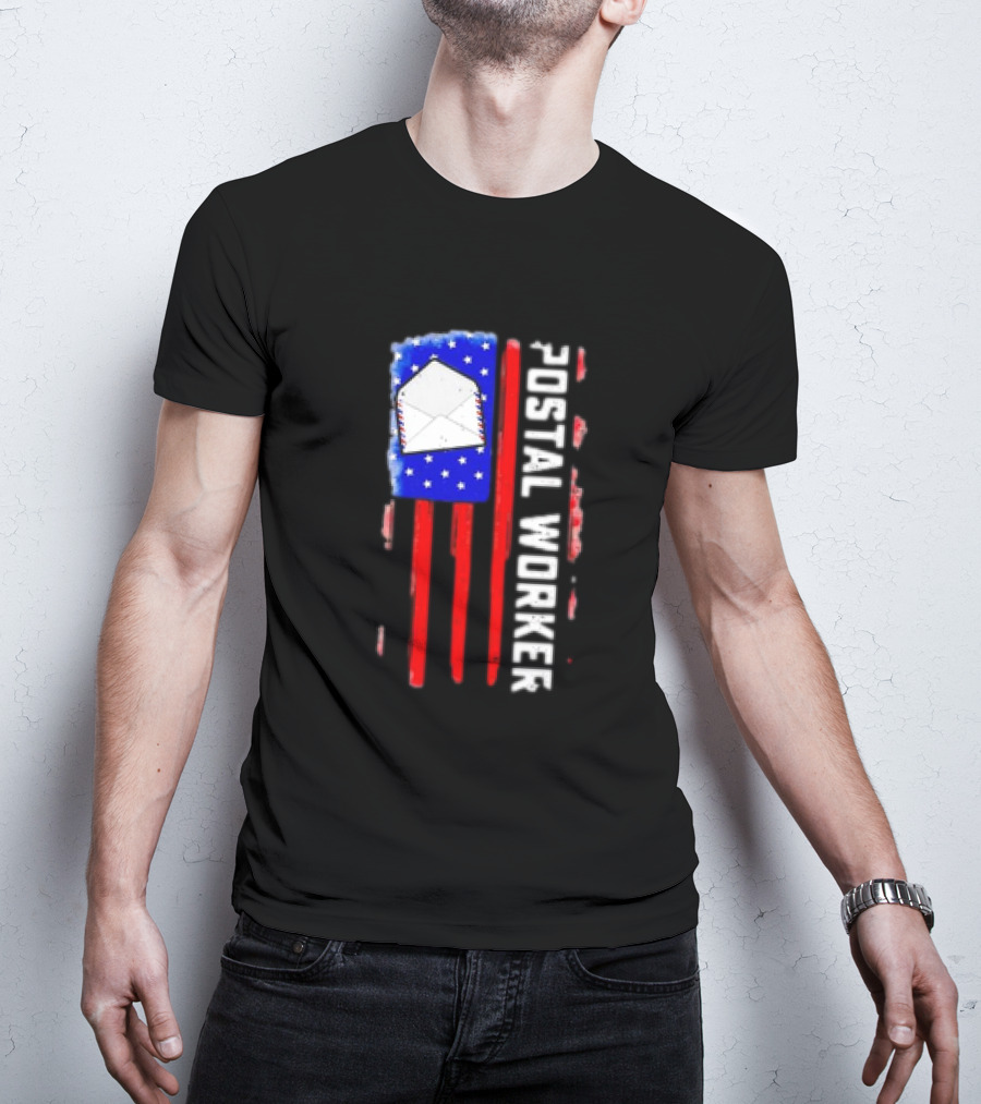 Postal Worker American Flag Envelope Stars Stripes Patriotic Postman Rural Carrier T-Shirt