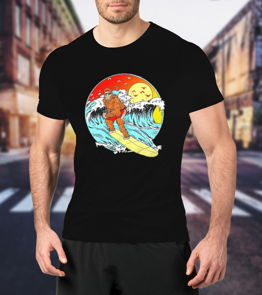 Bigfoot Surfing Sasquatch Retro 80s Beach Waves Sun Fun T-Shirt