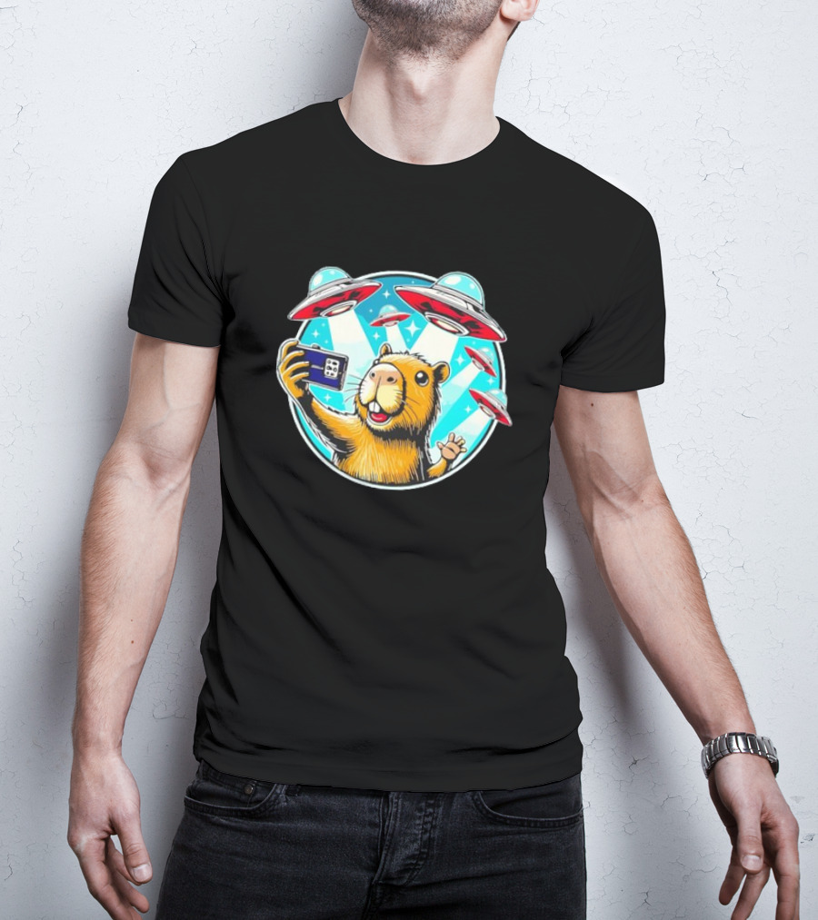 Capybara Taking Selfie With UFO Fleet Overhead T-Shirt