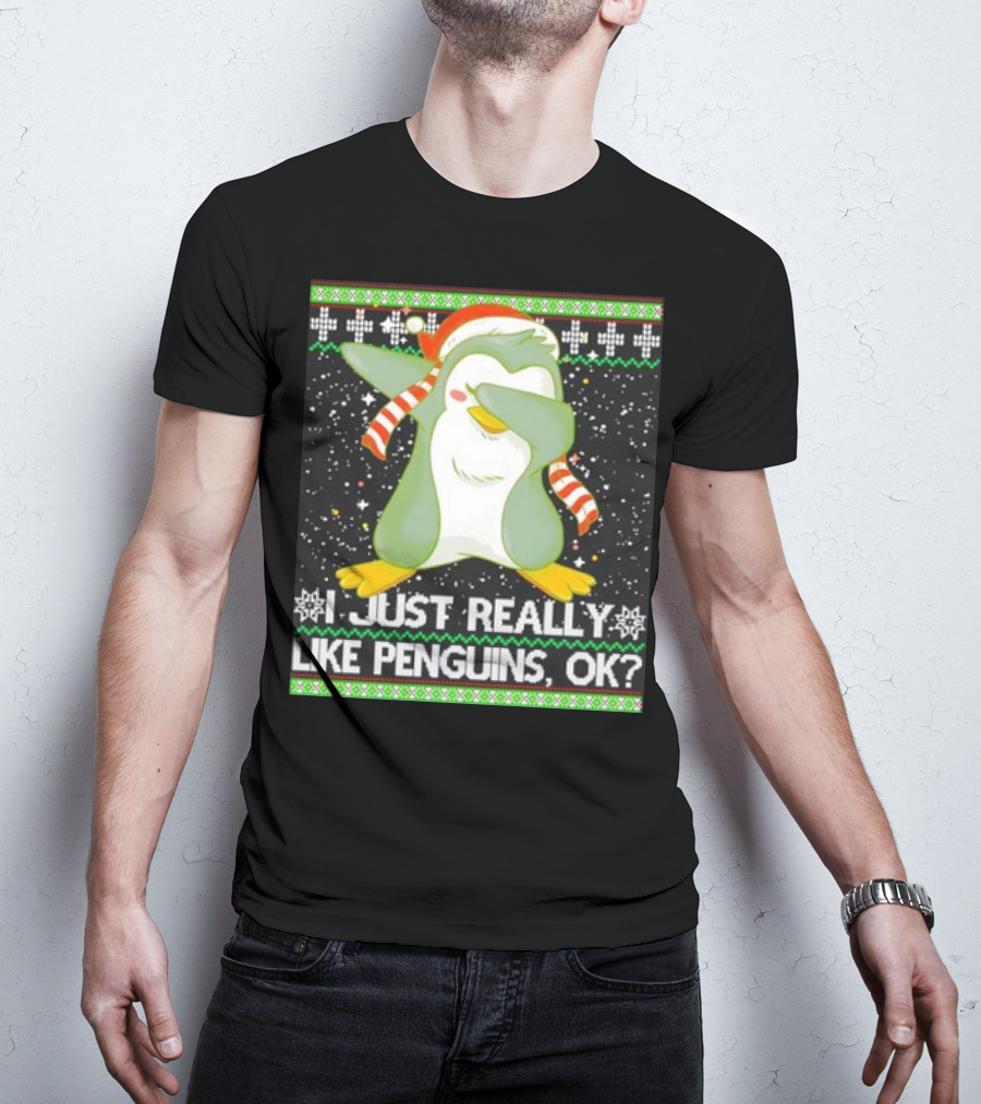 I Just Really Like Penguins Ok Ugly Christmas Cute Dabbing Penguin T-Shirt