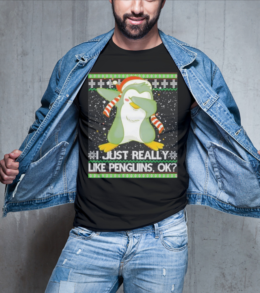 I Just Really Like Penguins Ok Ugly Christmas Cute Dabbing Penguin T-Shirt