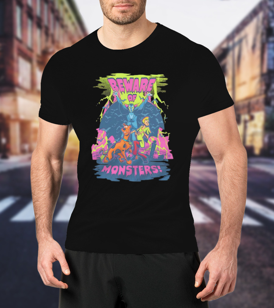 Beware Of Monsters Scooby Doo And Shaggy In Haunted Scene T-Shirt