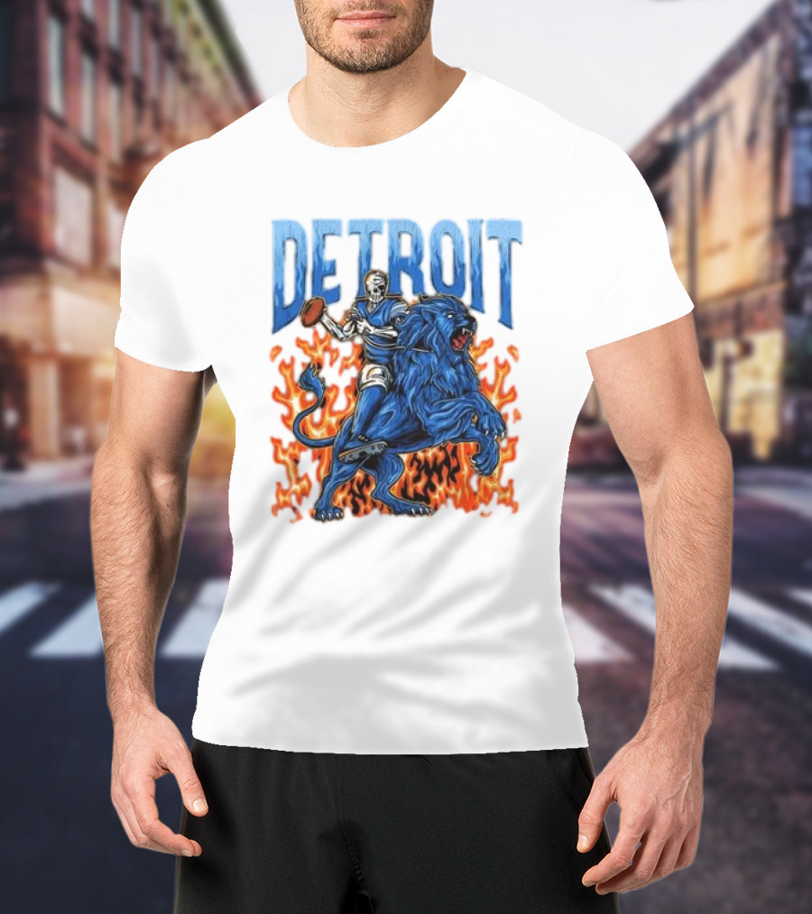 Detroit Lions Skeleton Quarterback Riding Flaming Blue Lion T-Shirt
