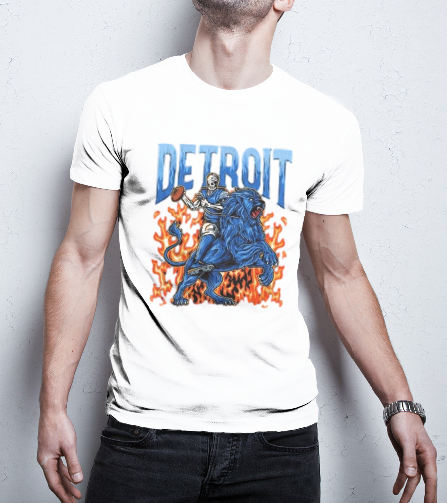 Detroit Lions Skeleton Quarterback Riding Flaming Blue Lion T-Shirt